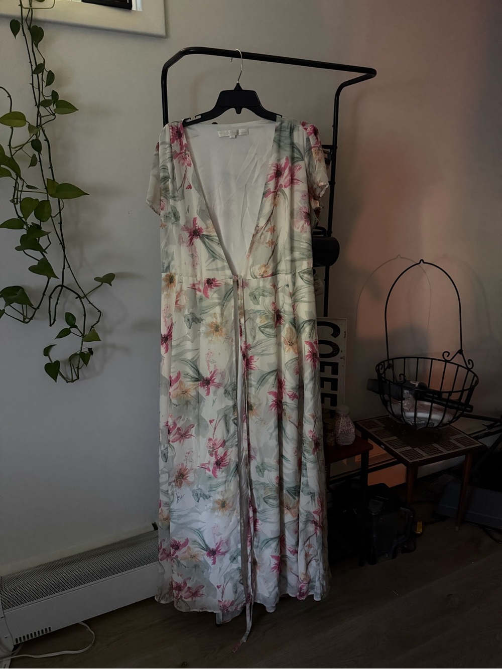 Floral Wrap Maxi Dress in White with Pink & Green Flowers